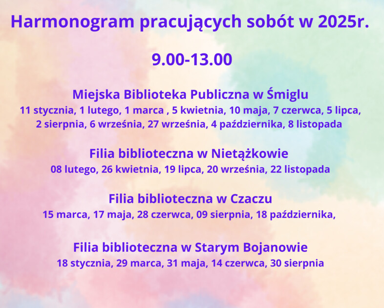 Harmonogram czynnych sobót 2025